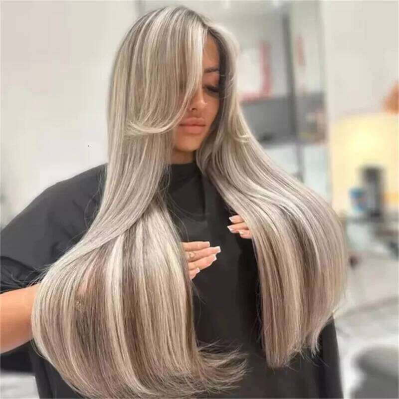 Ash Platinum Blonde Transparent Lace Front Wig Highlights 13x4 Long Straight Bob Ombre Color Synthetic Fiber Wigs 28 Inch