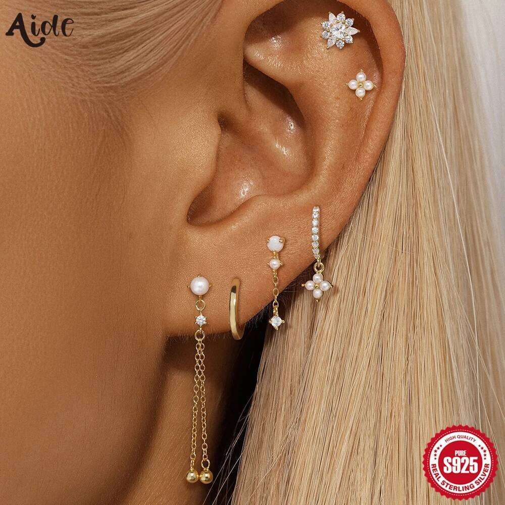 Aide S925 Sterling Silver Elegant Geometric Crystal Pearl Dangle Long Chain Drop Earrings For Women Fine Jewelry Gifts