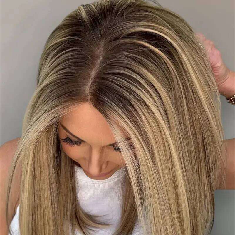 Natural Peplucked Hairline 13x4 Ombre Brown Blonde Balayage Short Straight Bob High Quality Synthetic HD Lace Front Wig 14''