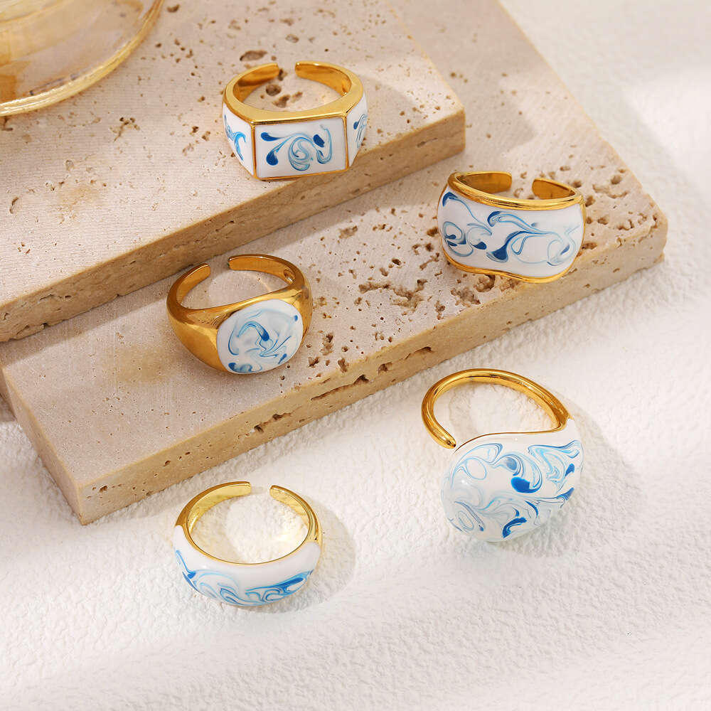 Fashion Porcelain Ring Vintage Enamel Painting Oil Blue and White Pattern Rings for Women New Chinese Style Open Fashion Irregular Ring Hand Accessori