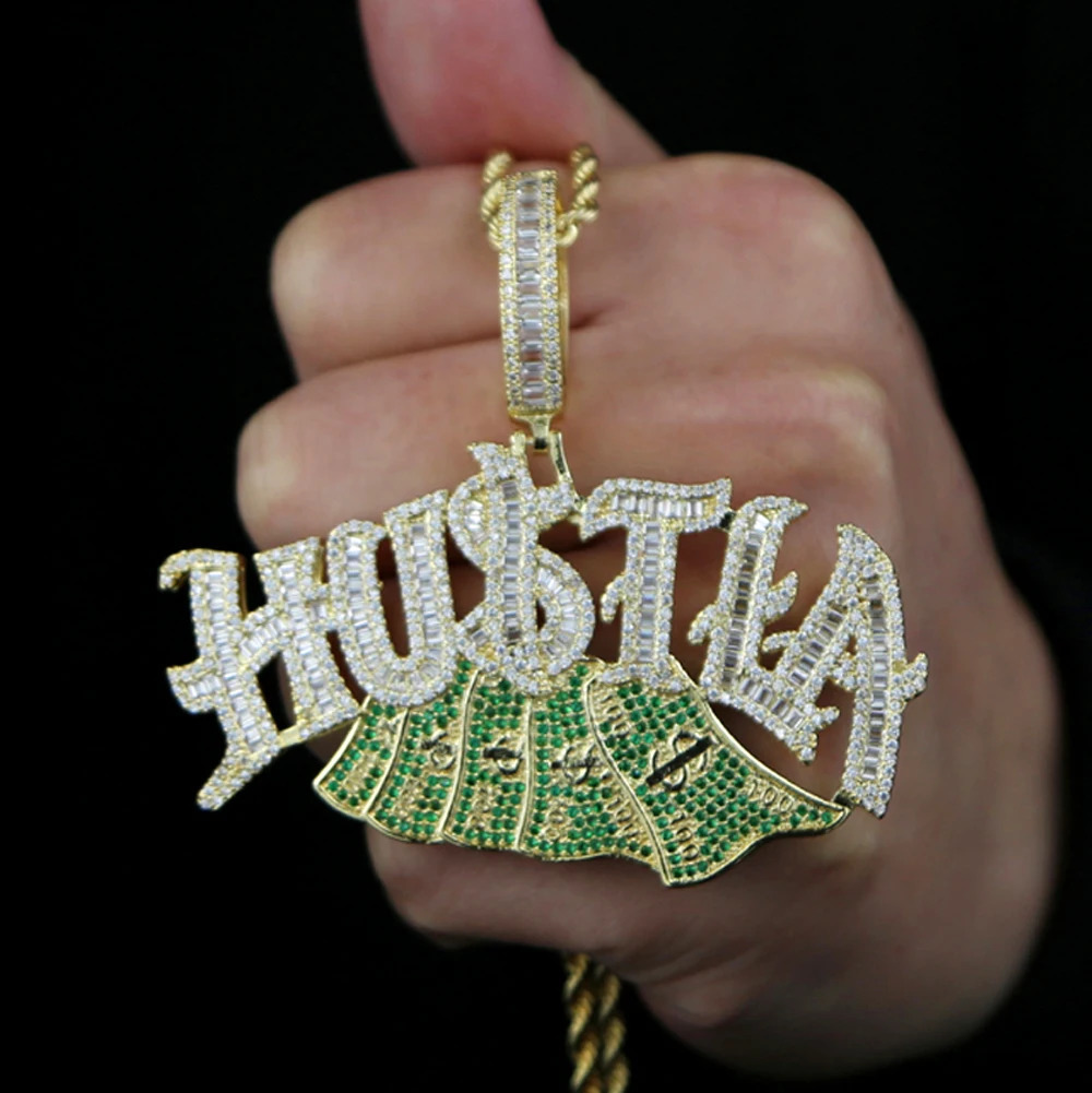 Fashion Iced Out Bling Letter Hustla Pendant Necklace Gold Color Full CZ Zircon Money Charm Men Fashion Hiphop Jewelry 251230
