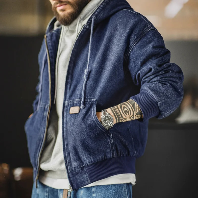 Maden Retro Mens J130 105oz Denim Jacket Heavyweight Washed Aged Hooded Zipper Work Coat with Large Pockets for Fall 251231