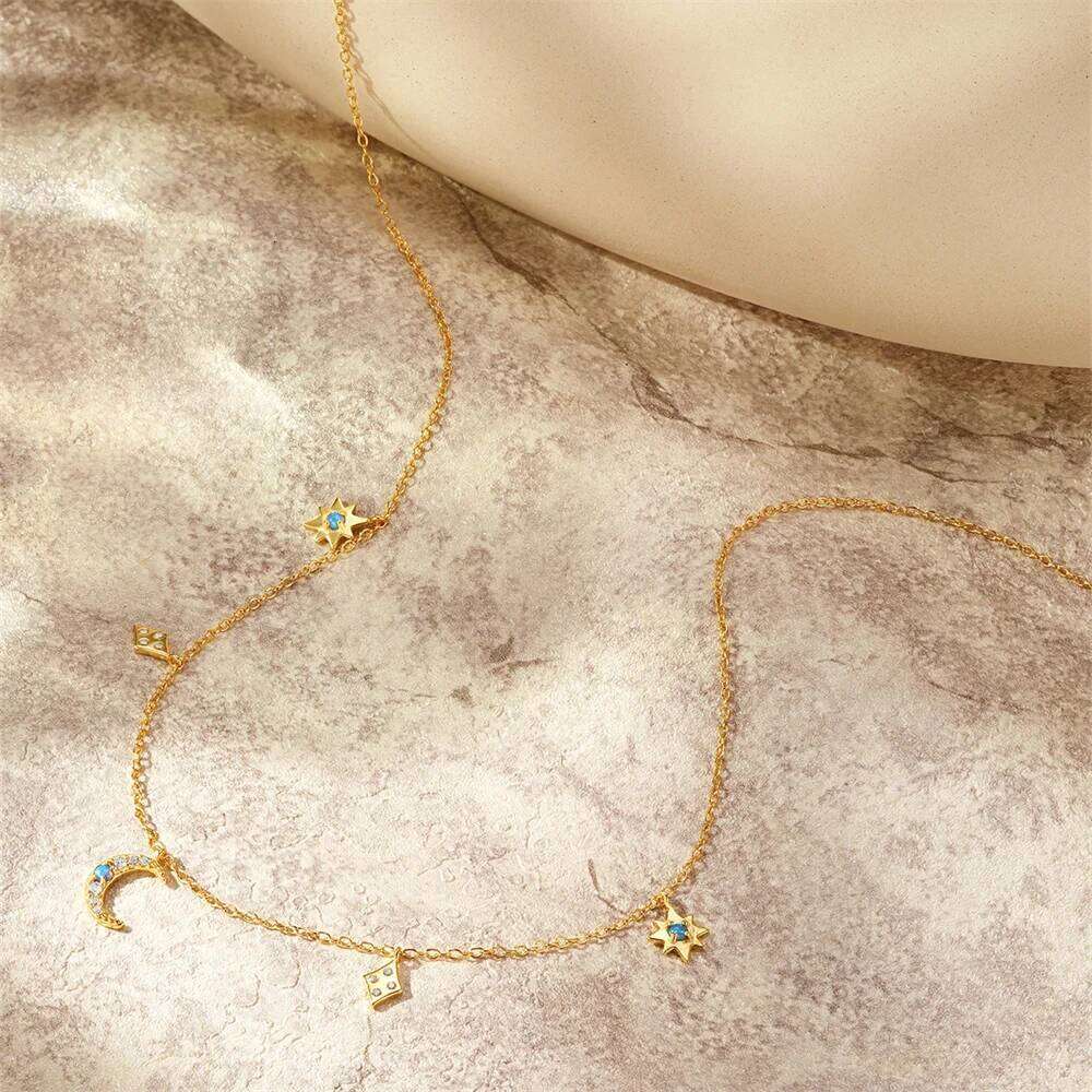 Aide 925 Sterling Silver Moon Star Pendant Necklace Women Delicate Birthday Gift Shiny Zircon Paperclip Links Fine Jewelry 1pc