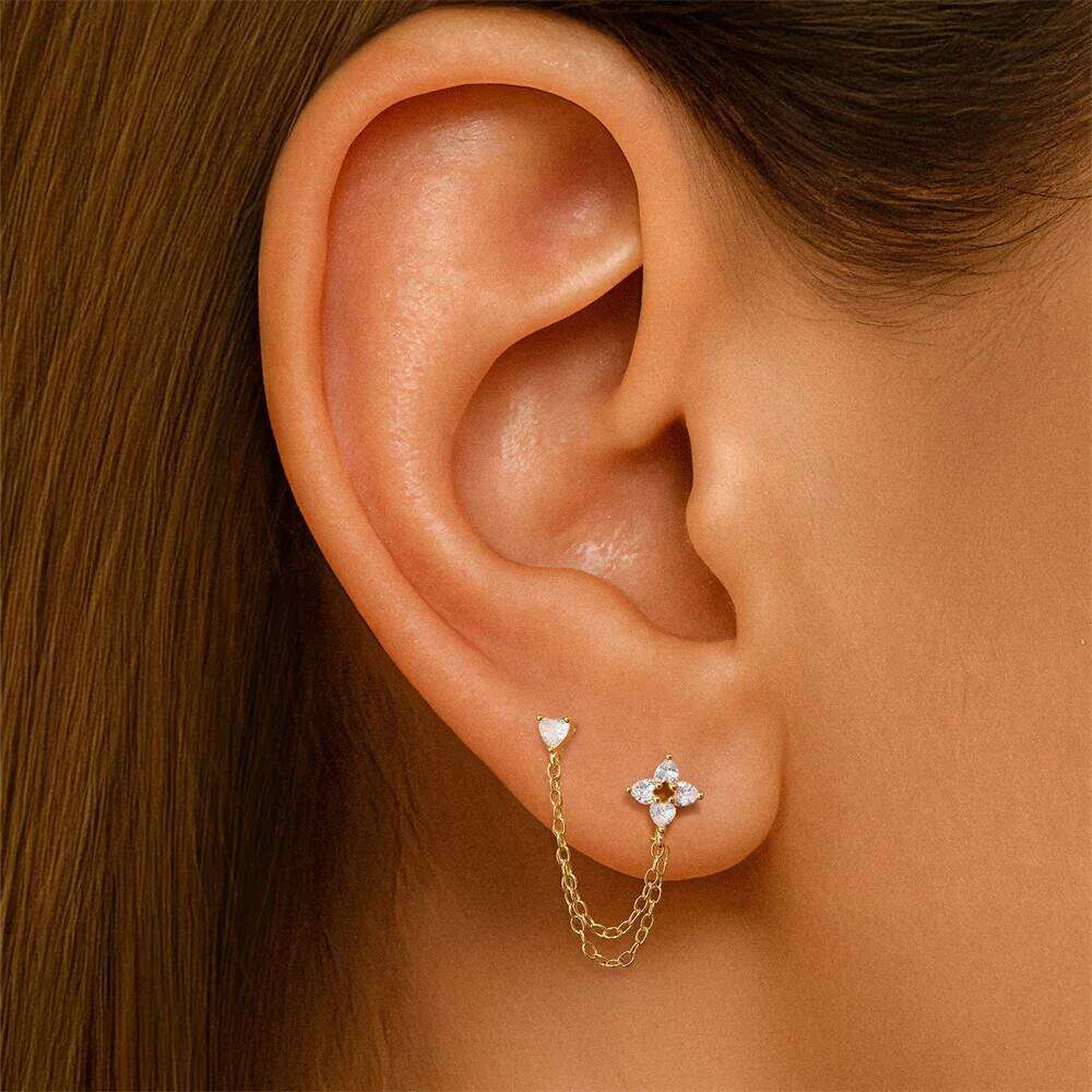 Aide Double Hole Link Chain Square Ear Stud for Women 925 Sterling Silver Flower Cartilage Piercing Earrings Jewelry