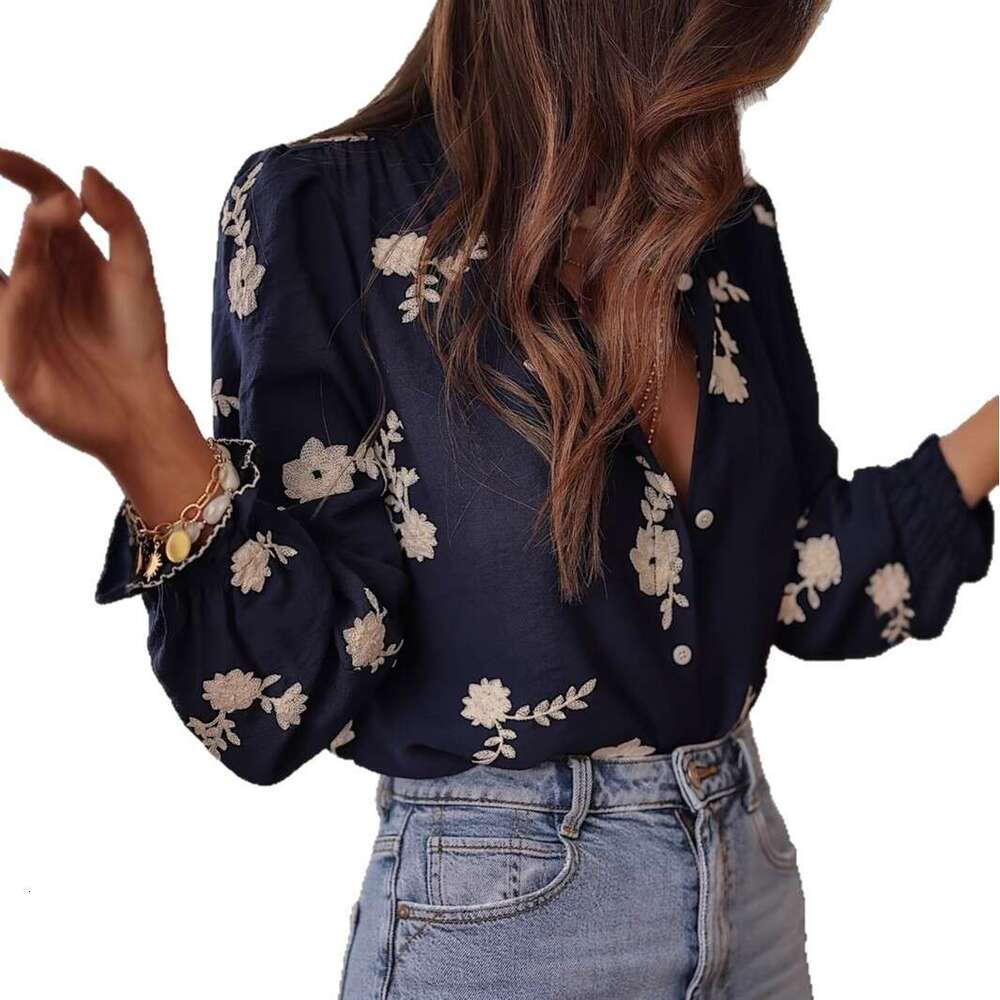 Cross-Border 2025 Spring Summer New Fashion European and American Style Shirt Women's Long Sleeve Embroidered Chic Chiffon Blouse Top