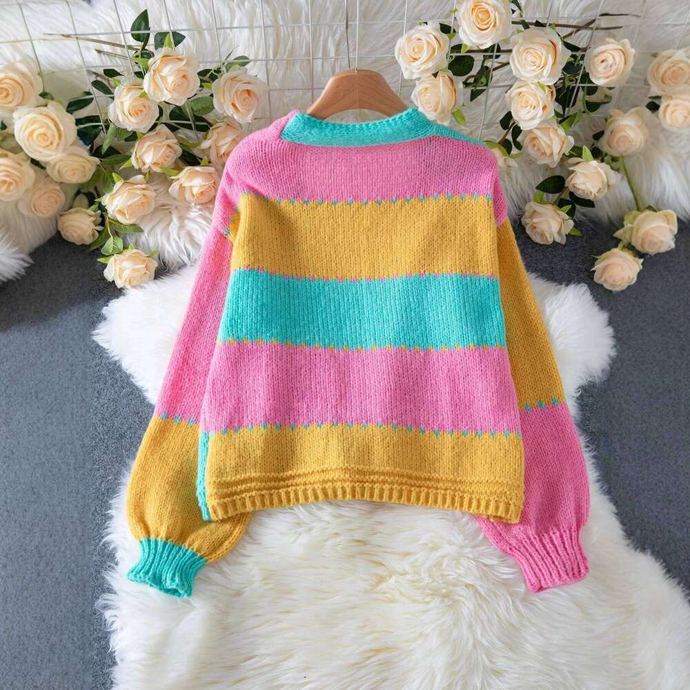 Fashionable Color Block Knitted Open 2026 Designer Fashion Cardigan Loose Casual V Neck Shoulder Drop Sleeve Women's Sweater Autumn Winter New Ar