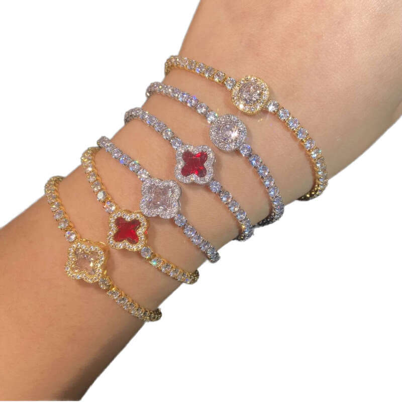 Luxurious Women's gold Red and White Glamorous Fashion Lucky Four-Leaf Tennis Diamond Colorful VVS Moissanite Clover Bracelet