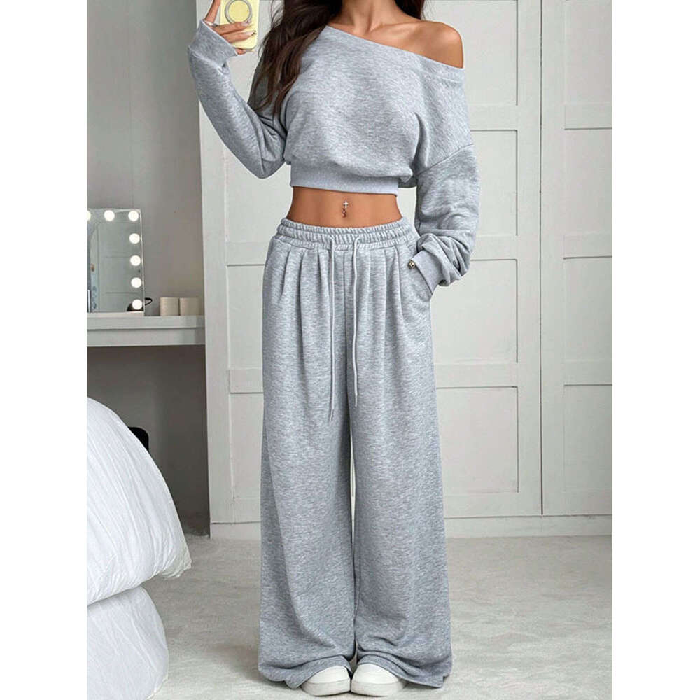 2025 European and American Cross-Border Casual Solid Color Sweatshirt Women Off-Shoulder Loose Knitted Short Long Sleeve Set