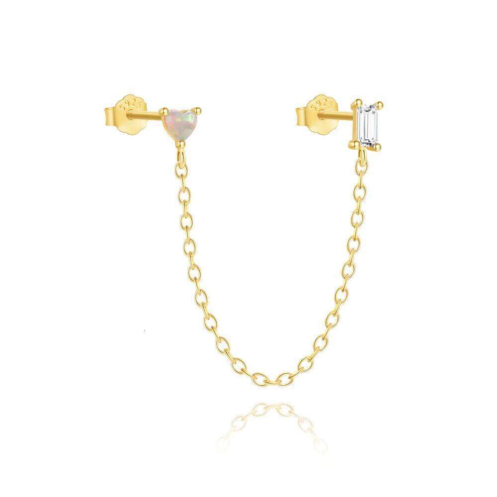 Aide 925 Sterling Silver Double Hole Link Chain Square Ear Stud Earrings for Women Gold Color Flower Cartilage Piercing Jewelry