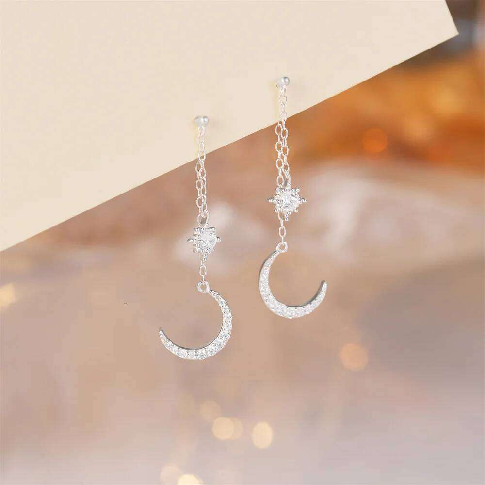 Aide 925 Sterling CZ Star Moon Asymmetric Hoop Earrings for Women Girls Silver Christmas Party Jewelry Gifts