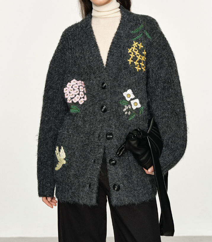 Women's Relaxed Vintage-Inspired Embroidered Wool-Blend V-Neck Knit CardiganLoose-Fit Sweater Outerwear