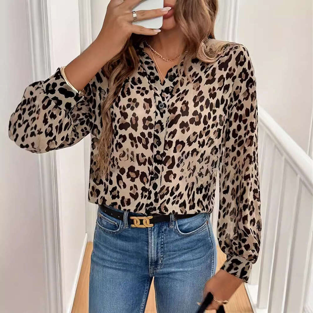 2026 European and American Cross-Border Women's New Elegant Leopard Print Long Sleeve Loose Shirt Top