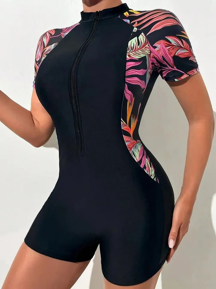 One Piece Floral Swimwear Swim Suit Women Short Sleeve Swimsuit Zip Front Tropical Plant Surfing Sun ProtectionNo builtin bra 251231