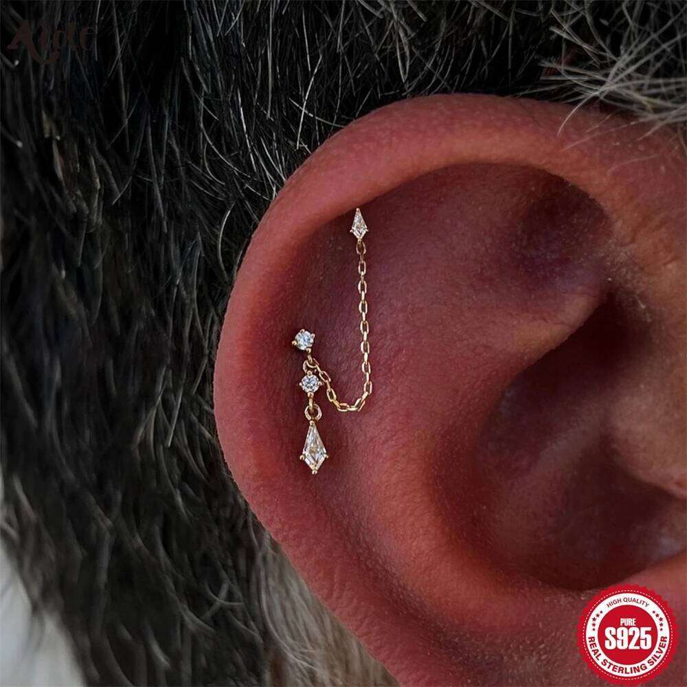 Aide 925 Sterling Silver Single 1PC Tassel Chain Stud Piercing Earring For Women Kite Clear Zircon Jewelry Wedding Party Gifts