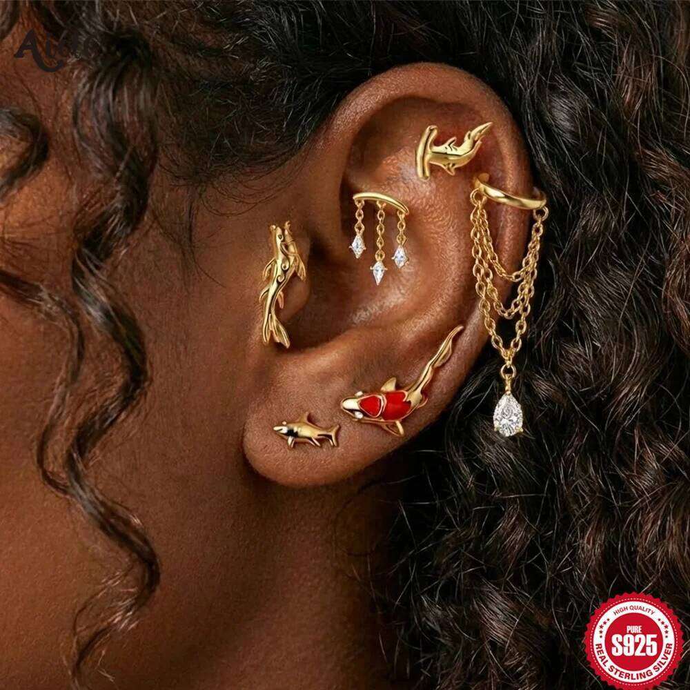 Aide 925 Sterling Silver Cartilage Earring Enamel Oil Drop Piercing Jewel for Women Helix Tragus Conch Chain Stud New Year Gift