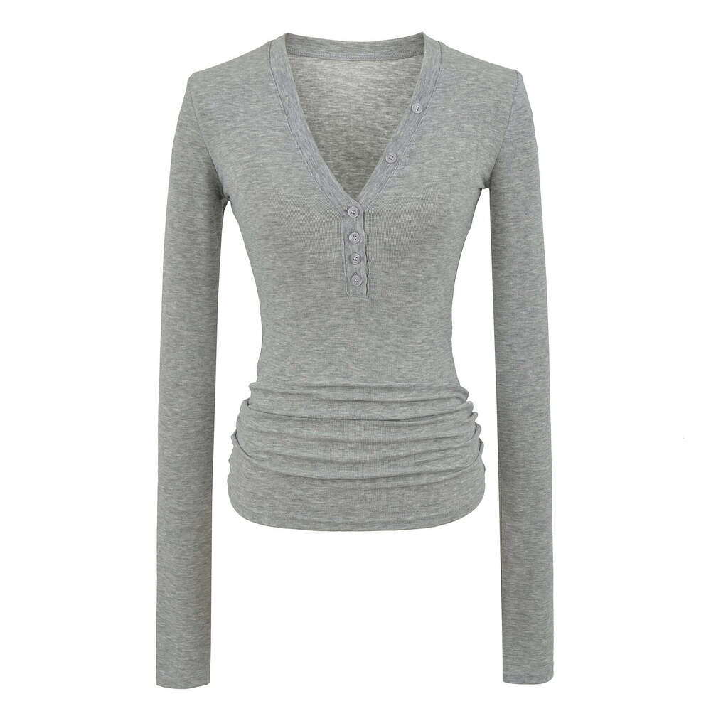 2026 Autumn New Tencel V-Neck Button Tight Long Sleeve T-Shirt for Women, Stretchy Slim Fit Thin Base Shirt Top
