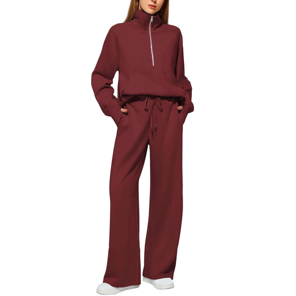 2026 European and American Women's Two-Piece Set Large Half-Zip Sweatshirt Wide-Leg Sweatpants Casual Outfit for Women
