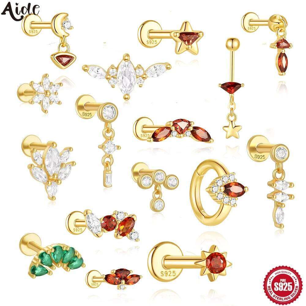 Aide 1PC Zircon Flower Cluster Cartilage Piercing Stud Earring 925 Silver Green Diamond Helix Conch Screw Back Ear Bone Jewe