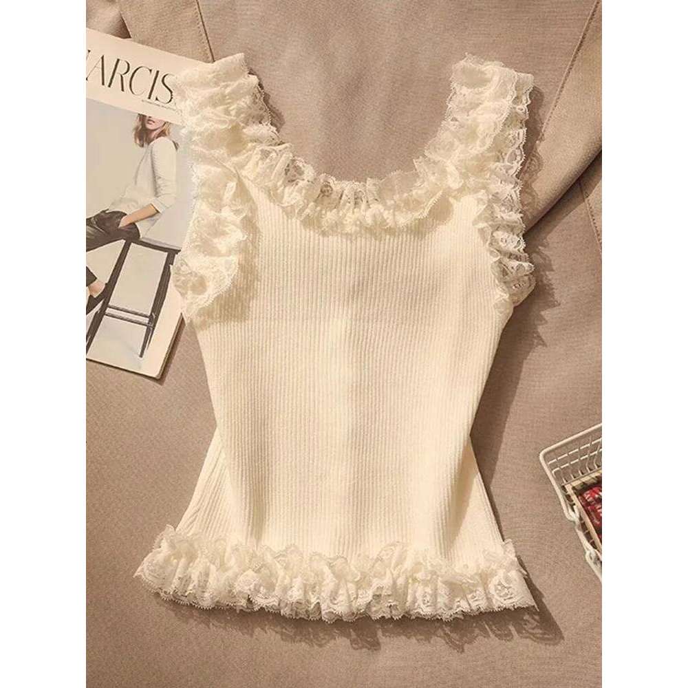 Pure desire, sweet spicy lace camisole vest, women's summer hot girl slim fit and slimming, knitted base, short sleevel
