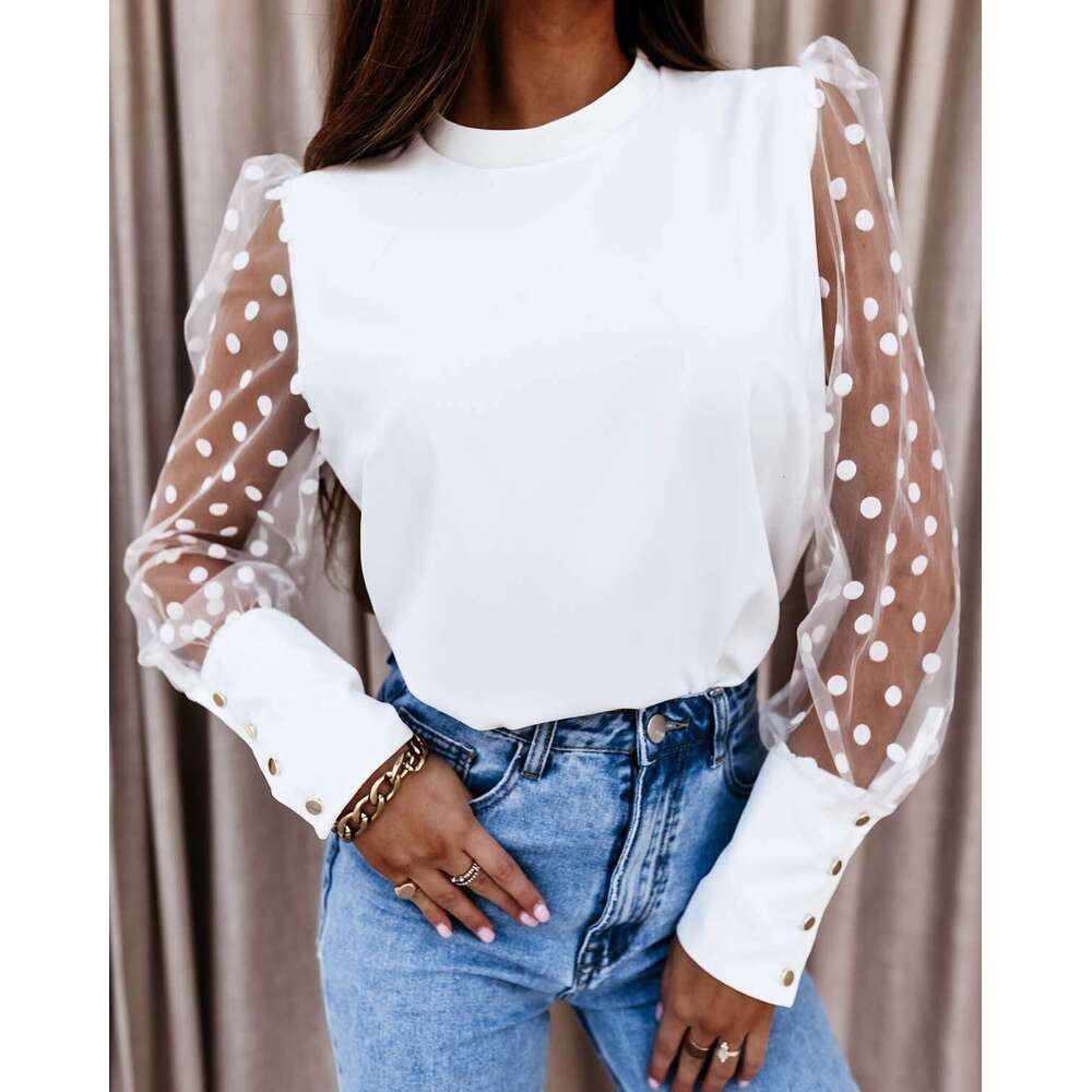 2026 Foreign Trade Women's Fashion European and American Cross-Border Spring Summer Solid Color Mesh Patchwork Long Sleeve T-Shirt