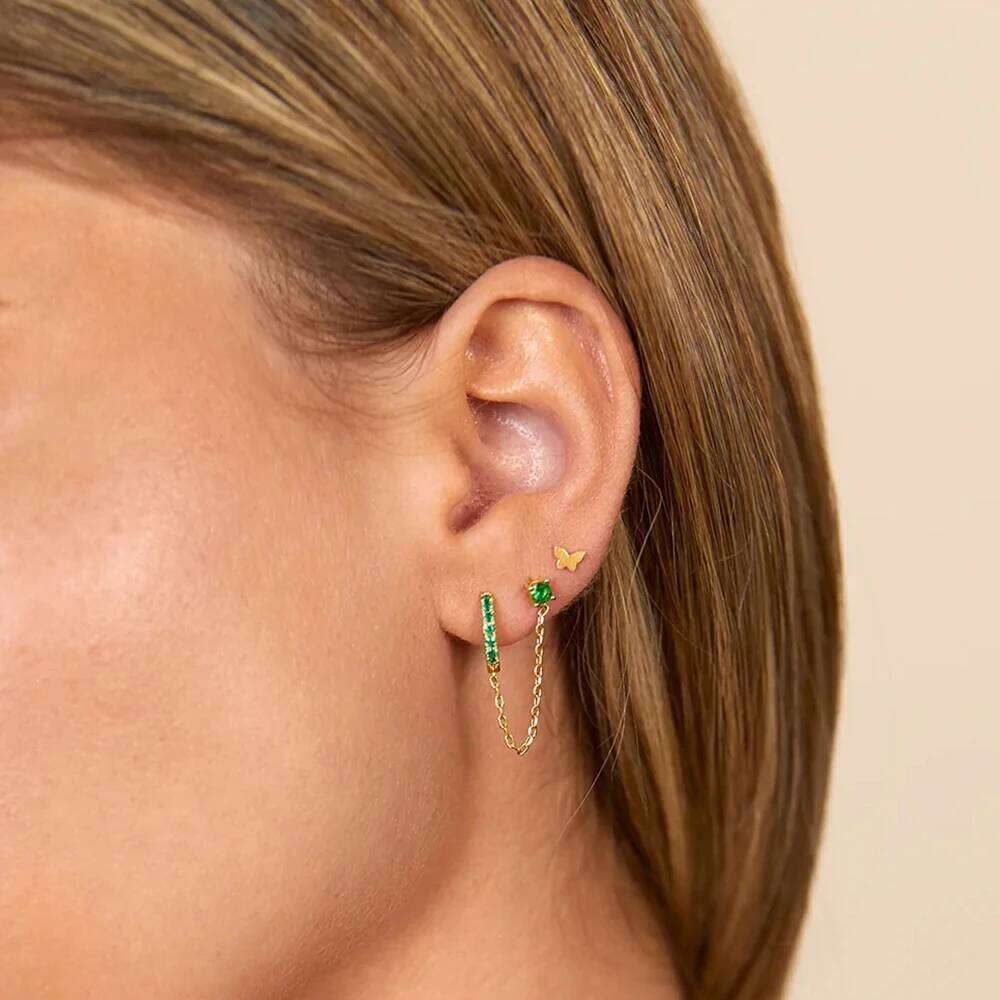 Aide 1pc 925 Sterling Silver Double Hole Chain Tassel Earrings For Women Fresh Green White CZ Zircon Pave Circle Stud Earring