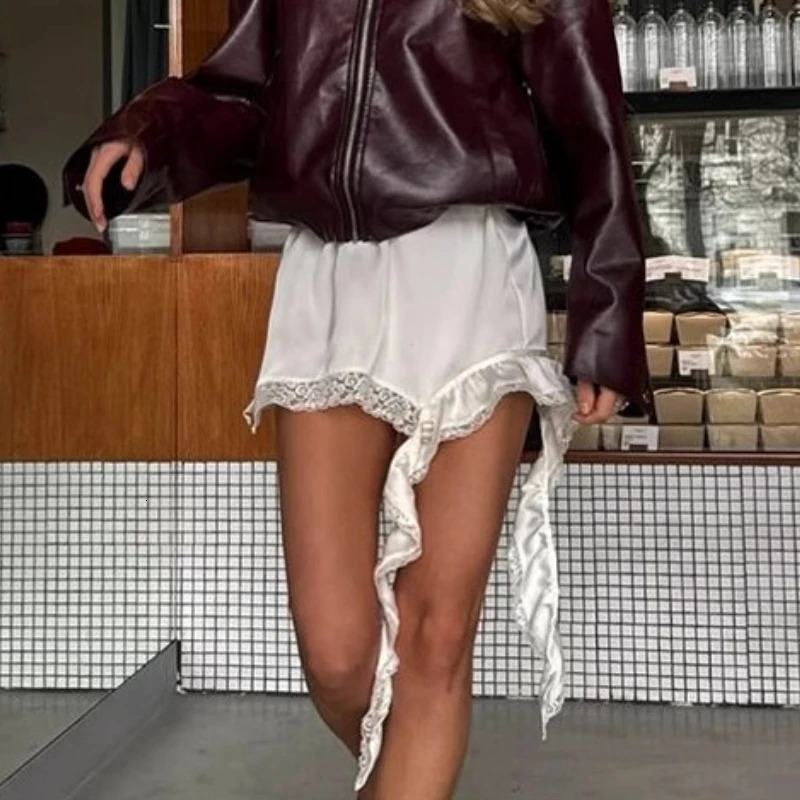 Sexy Lace White Asymmetrical Midi Skirts Street Chic Satin High Waist Slim Skirt Summer Casual Solid Female 251231