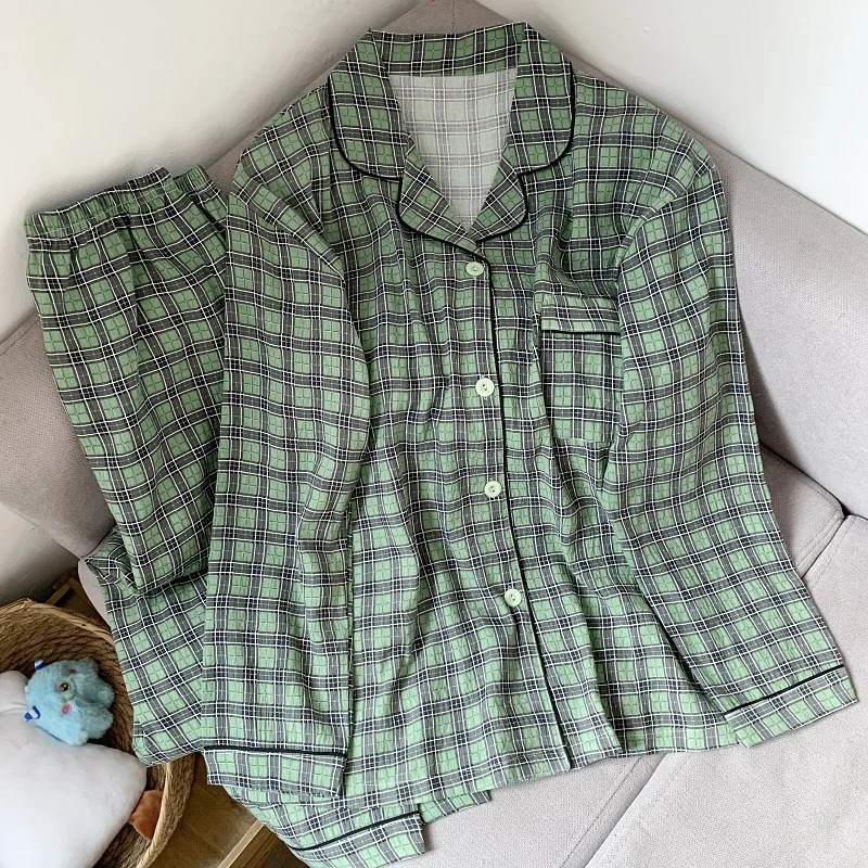 Plus Size Women Plaid Pajamas Set Kawaii Homewear Long Sleeve Two Piece Pajama Loose Sleepwear Outfit Year Gift 251231