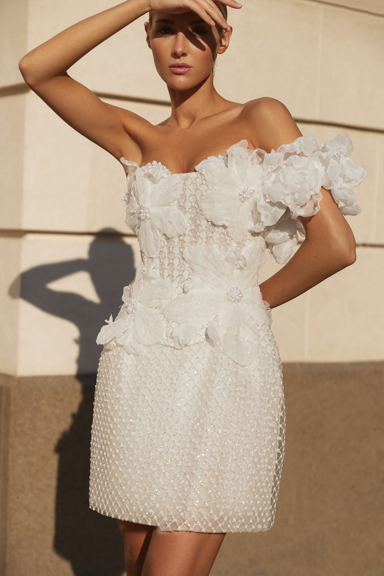 Designer Mini Evening Dresses For Women Off Shoulder Sleeveless Gown Appliques Pearls Beaded Short Dress Party Customized Dress