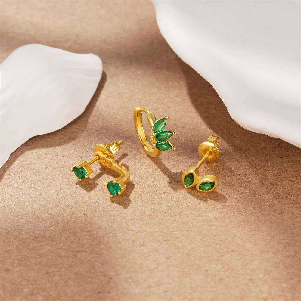 Aide 925 Sterling Silver 3PCS Women's Emerald Zircon Earrings Shaped Simple Fashionable Earring Wedding Parties Jewelry Gifts