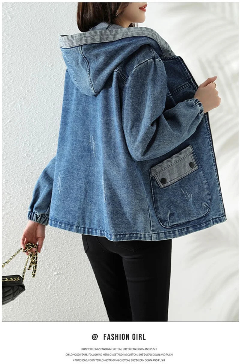 Women Denim Jacket Spring Autumn Long Sleeve Tops Female Casual Hooded Jeans Jackets Big pocket Cowgirl Outerwear 251231