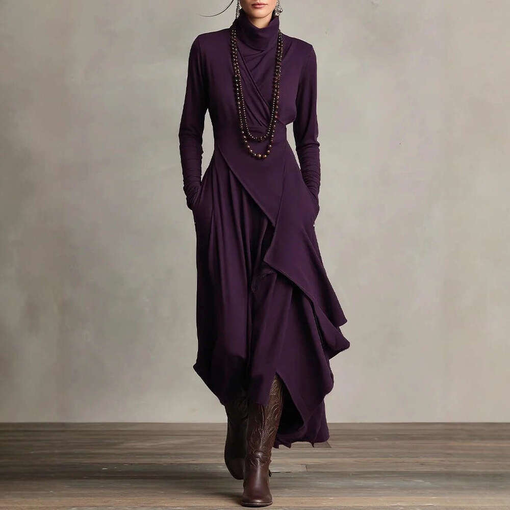 2026 European Size Women's Clothing Autumn Solid Color Sleeve Cross High Neck Long Dress