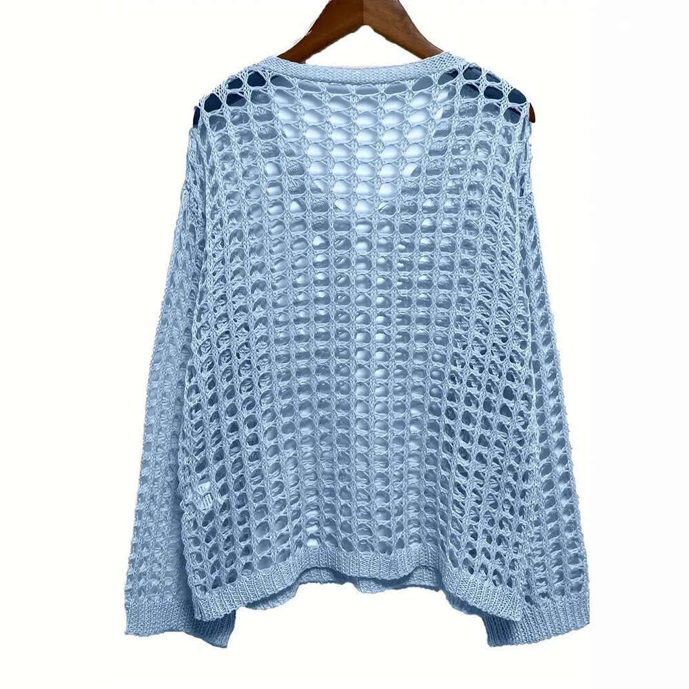 2025 New Sexy Hollow Sunscreen Vacation Knitted Shirt for Women Spring Summer Beach Cover-Up Top