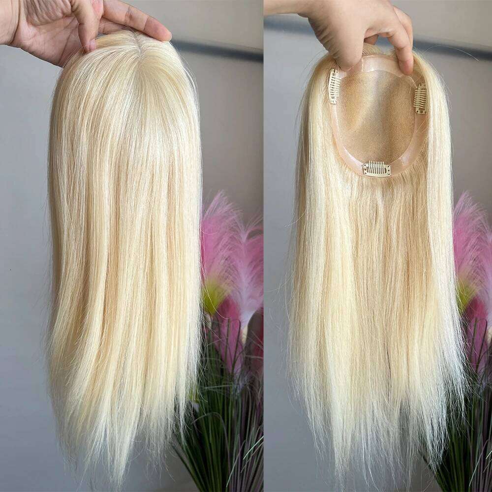 613 Blonde Human Hair Toppers 5x5inch Durable Mono Base 14 16 18 inch 130% Denisty Seamless Linepart Can be Dyed & Restyled