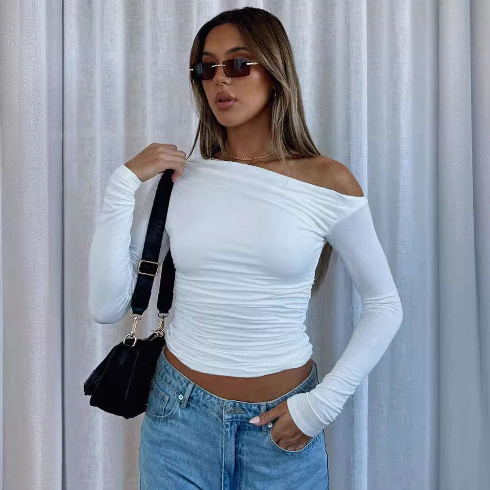 Cross-Border European and American Women's Clothing Asymmetrical Off-Shoulder Solid Color Crop Top Long Sleeve Sexy Slim Fit Elegant T-Shirt