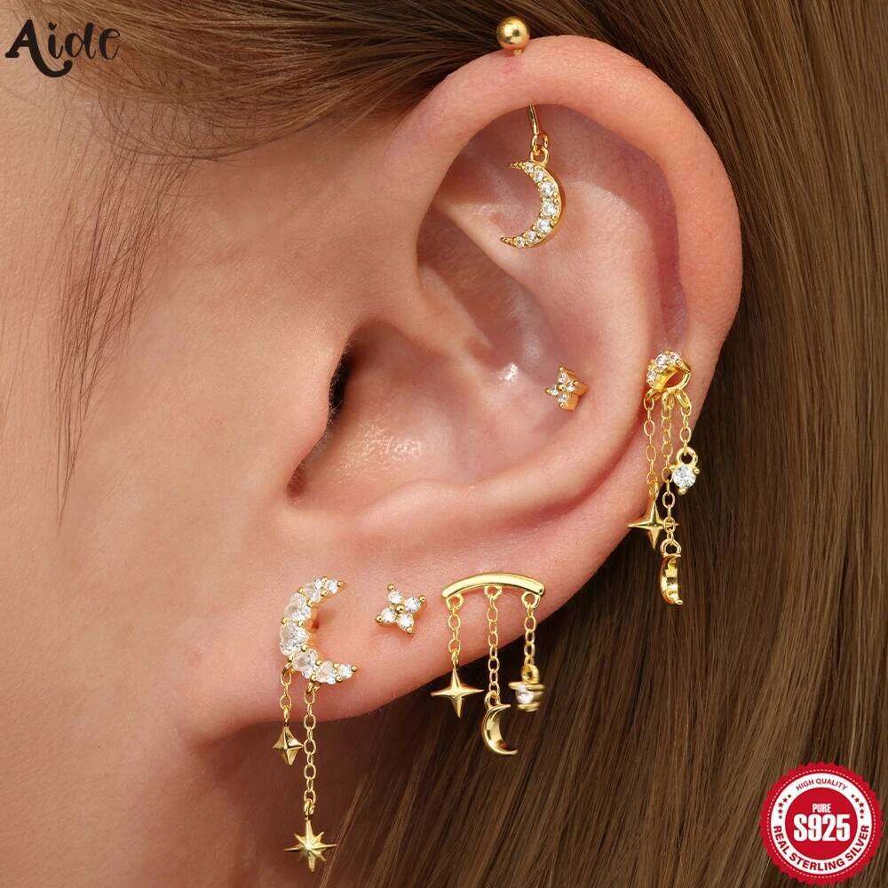 Aide 925 Sterling Silver Mini Stud Earrings for Women Personality Hollow Inlaid Star Moon Zircon Earring Piercing Jewelry Gift
