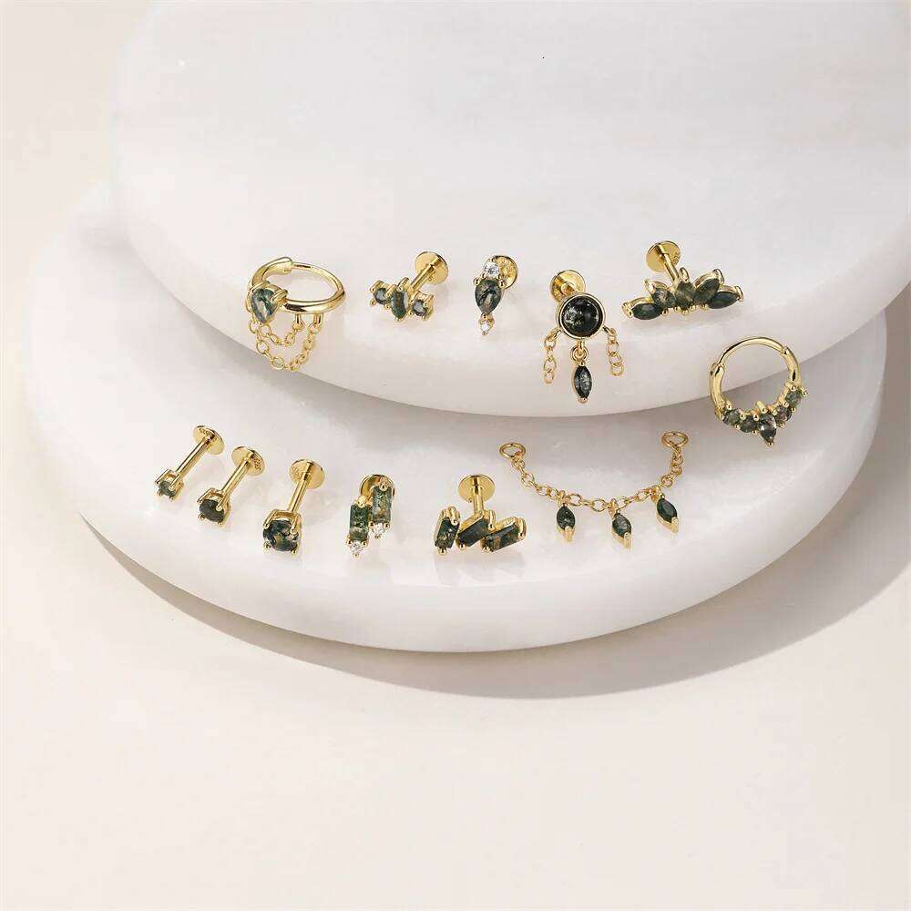 Aide Agate Stud Earrings For Women 925 Sterling Silver Jewelry Gift Simple Dainty Cartilage Helix Natural Stone Flat Back Studs