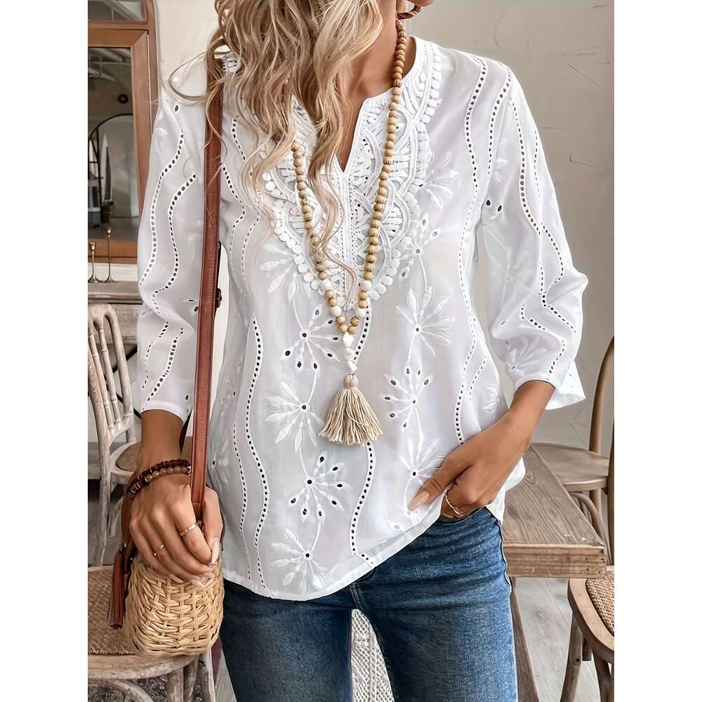 European and American Cross-Border Autumn New Loose V-Neck Elegant Commuter Embroidered Flared Sleeve Lace Blouse Chiffon Shirt