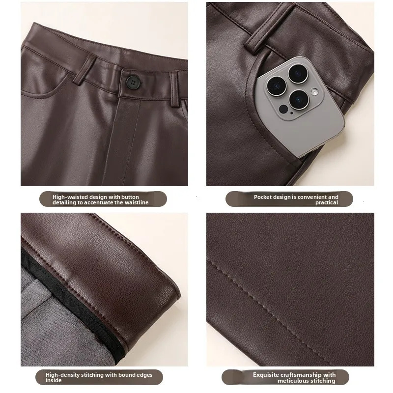 Trendy Fall Winter Fleece Loose Wide Leg Warm Leather Pants Women Button Pocket High Waist Thick PU Casual Straight 251231