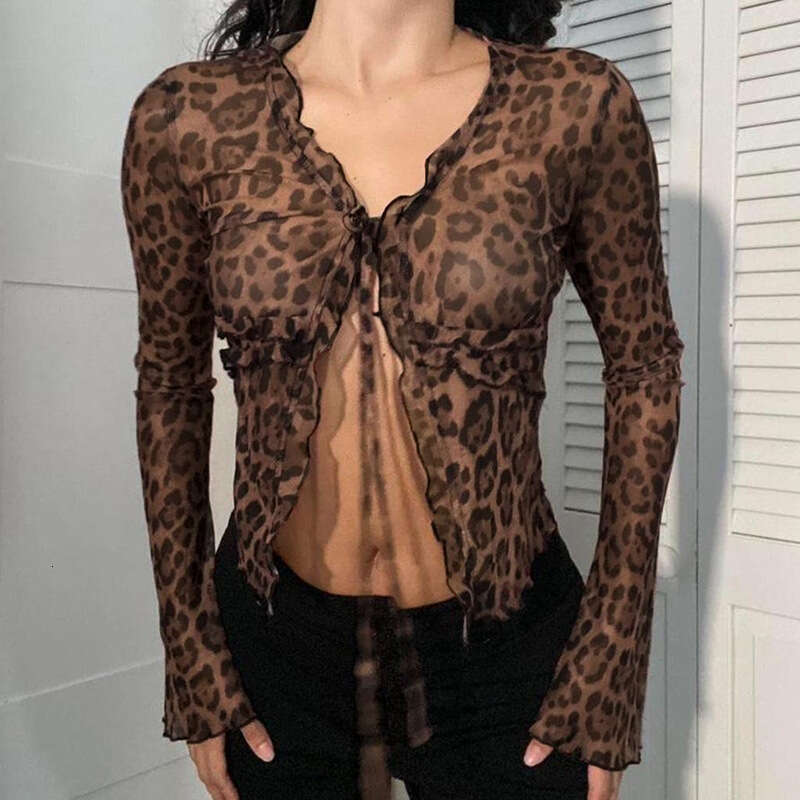 European and American Women's Fashion Hot Girl Sexy Leopard Print Long Sleeve Cover Autumn Thin Slim Fit See Through Cardigan Lace Up Top T-shirt