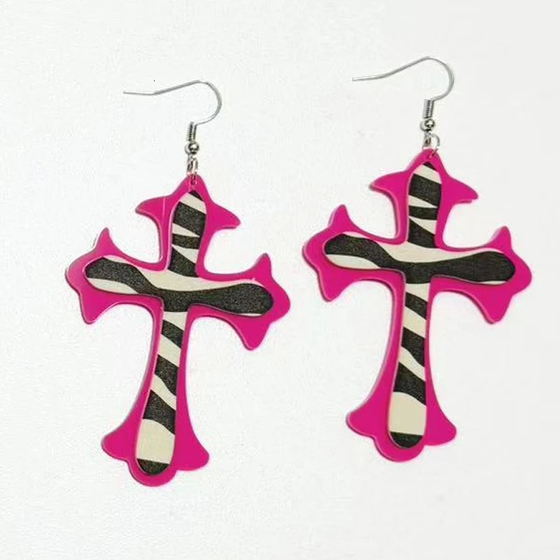 Y2K Jewelry Pink Zebra Print Cross Drop Earrings for Women Punk 90s Aesthetic Goth Leopard Print Fashion Earrings Goth Cool 251230