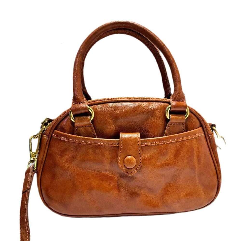 Luxury shoulder bag handbag Hobo retro bowling bag European and American style genuine leather women's top layer plant tanned cowhide new crossbo