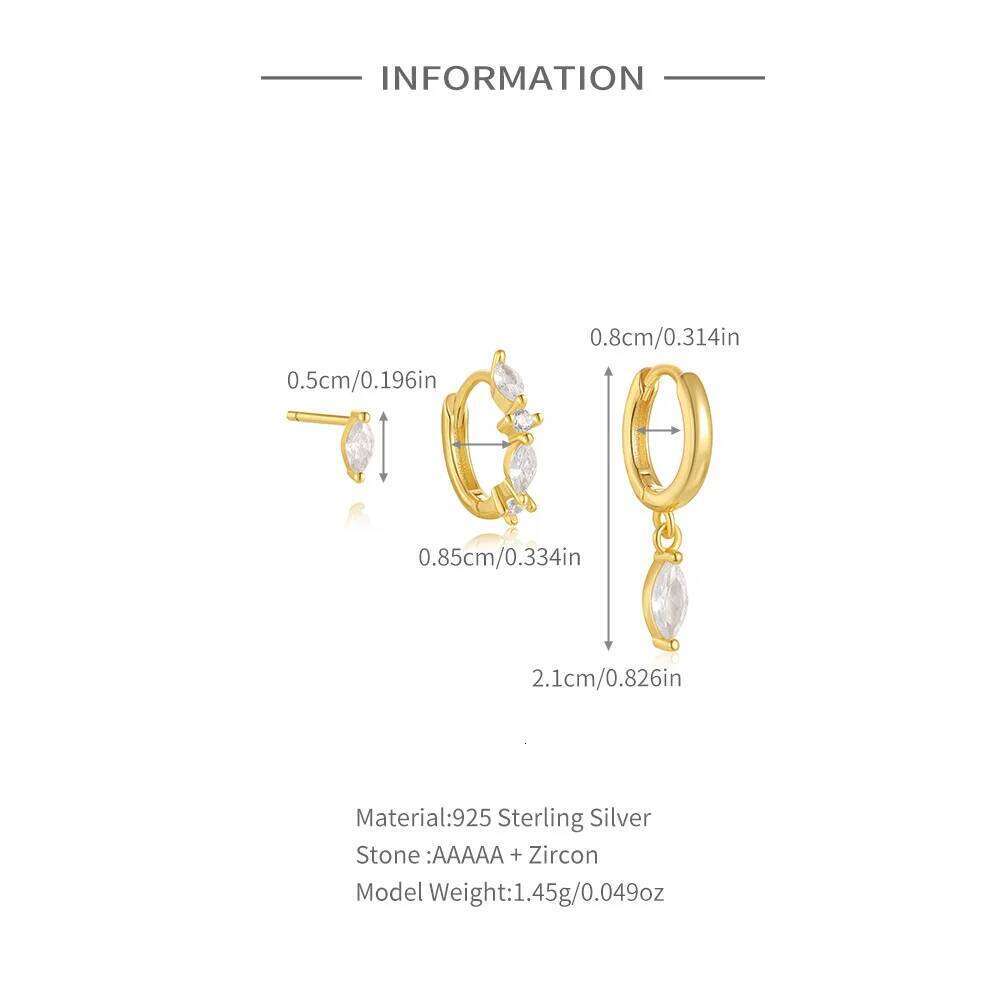 Aide 3pcs/ Set S925 Sterling Silver Leaf Clear Zircon Piercing Earrings for Women Gold Ear Buckles Jewelry Brincos Pendientes