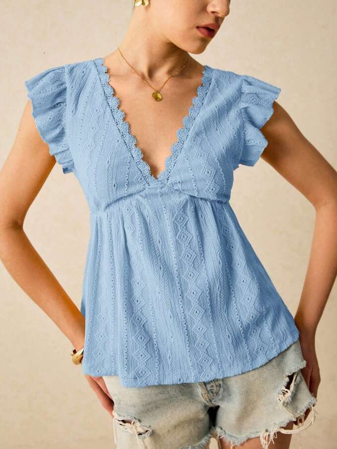 2026 European and American Cross-Border Women's Spring Summer New Fashion Hollow V-Neck Ruffle Short Sleeve Lace T-Shirt Top