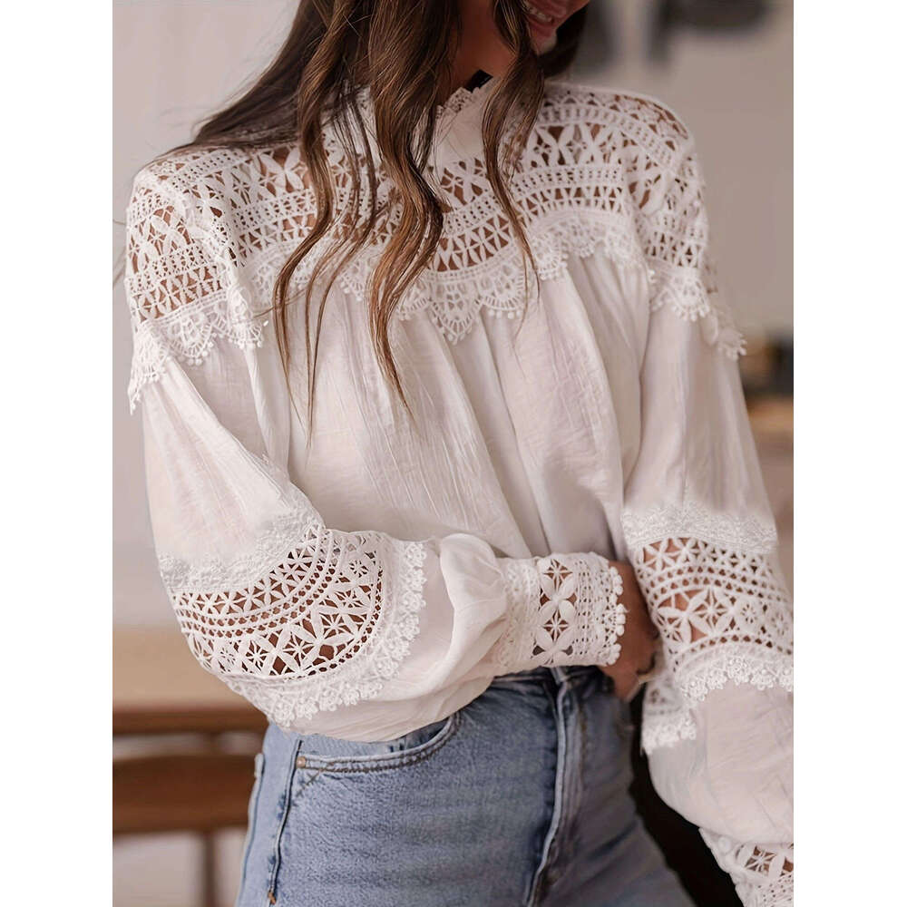Cross-Border Holiday Hot Sale New Crochet Blouse Women's Sexy Hollow Out Flared Sleeve Lace Shirt Top