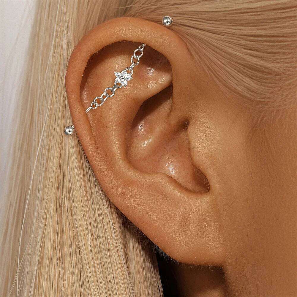 Aide 925 Sterling Silver Lucky Flower Pendant Stud Earrings Industrial Piercing Barbell Chain Ear Bone Earring Student Gift Jewe