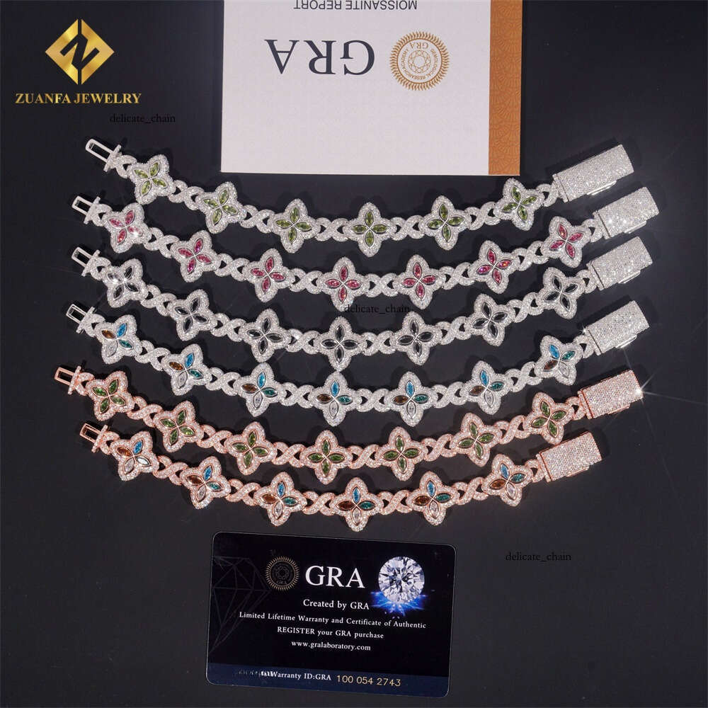 18mm High-Quality Multicolor Marquise VVS Moissanite 925 Silver Jewelry Iced VVS Silicon Stone Lucky Four-Leaf Clover Cuban Bracelet