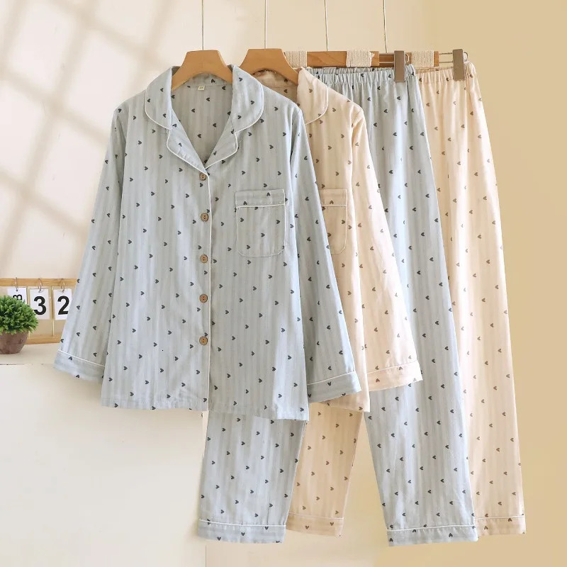 Spring and Autumn Womens Pajama Set 100 Cotton Gauze Vertical Strip Love Long Sleeve Two piece Home Clothing 251231
