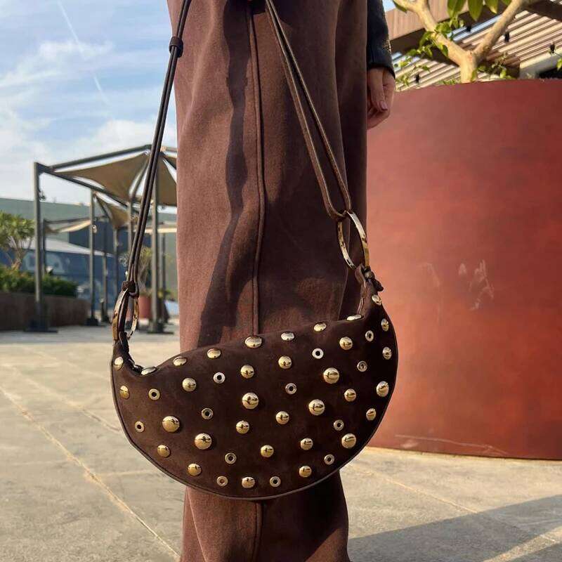 Vintage Slim Faux Suede Crescent Bags For Women Luxury Designer Handbags Purses 2025 New In Rivet Hollow Small Underarm Shoulder