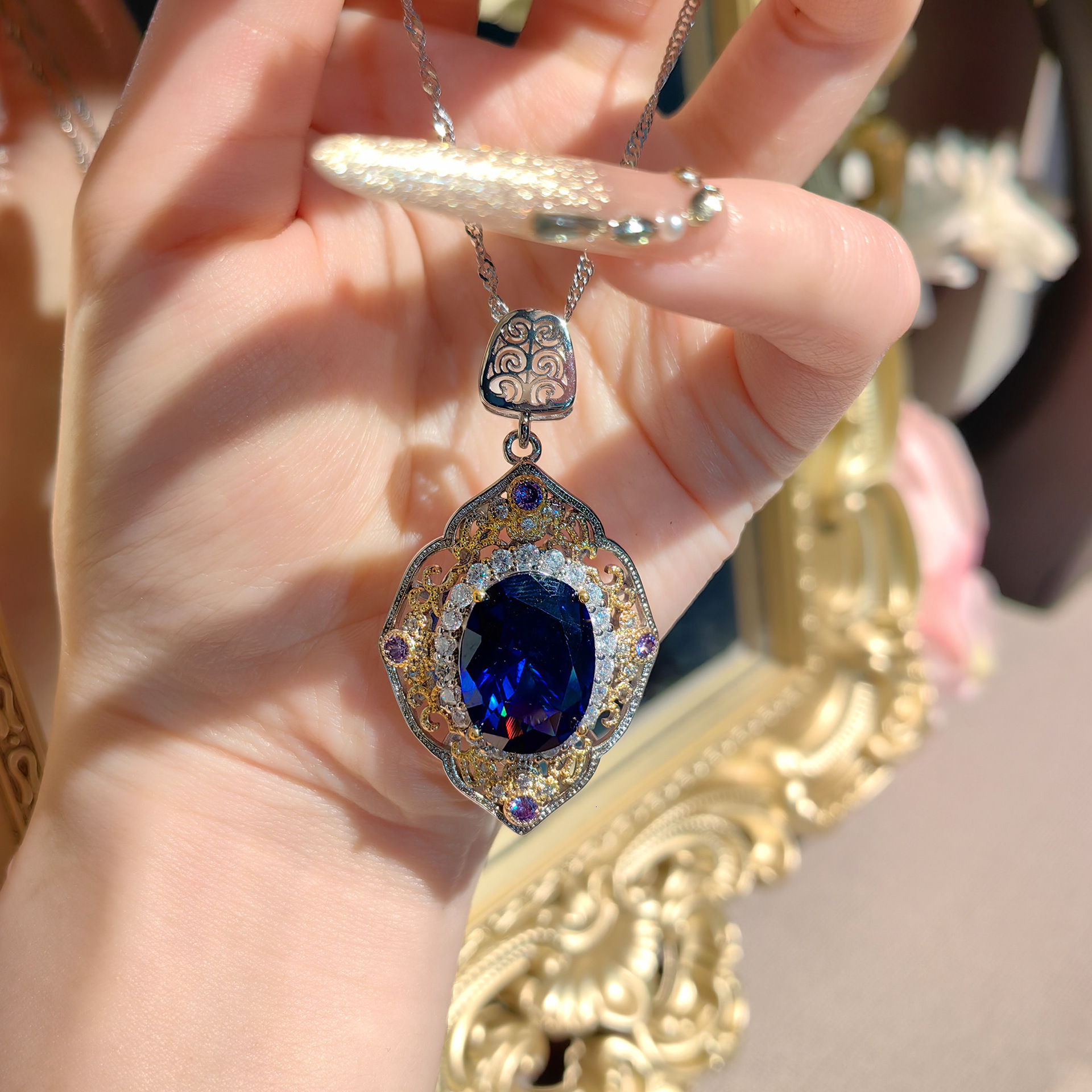 Luxury Brand Designer Jewelry Italian Court Style Two-Tone Gold Hollow Craft Inlaid Pink Diamond Pendant Royal Blue Earrings Gemstone Ring Set
