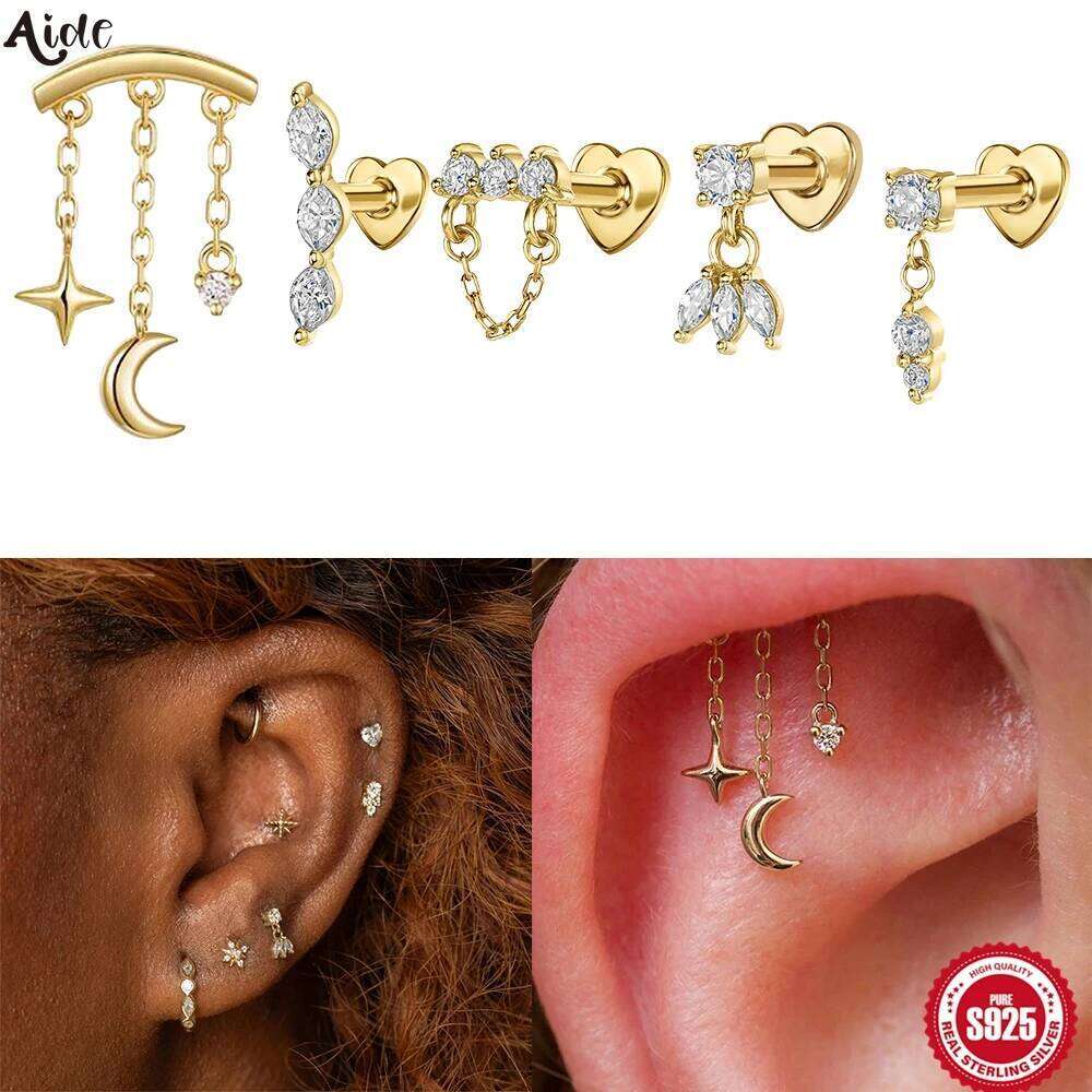 Aide 925 Sterling Silver Shiny Zircon Heart Flat Head Cartilage Piercing Earring For Women DIY Handmake Ear Bone Stud Pendientes